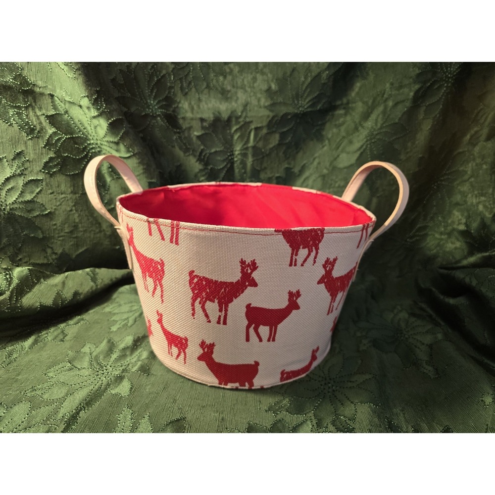 10" Christmas Basket Reindeer Leather Handles Canvas Cloth Red White Storage Bin